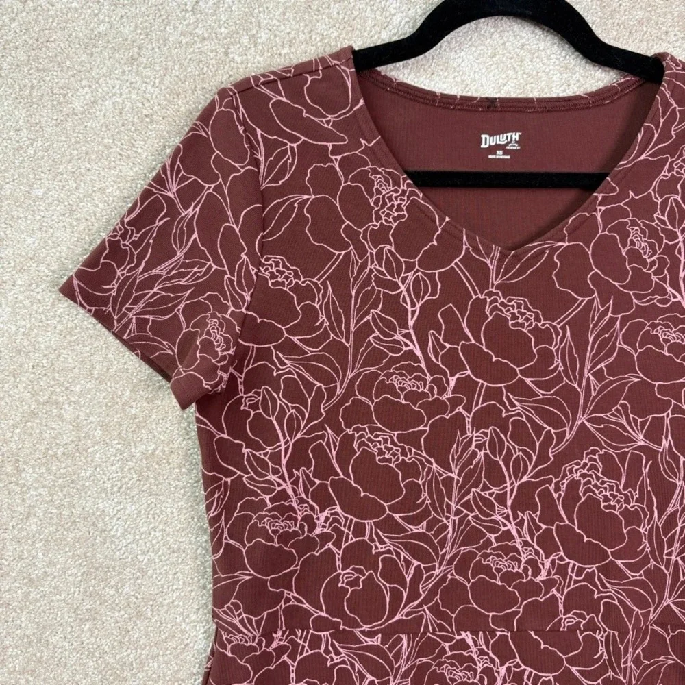 DULUTH TRADING CO Dress Women's XS Burgundy Floral V-Neck Short‎ Sleeve Pockets